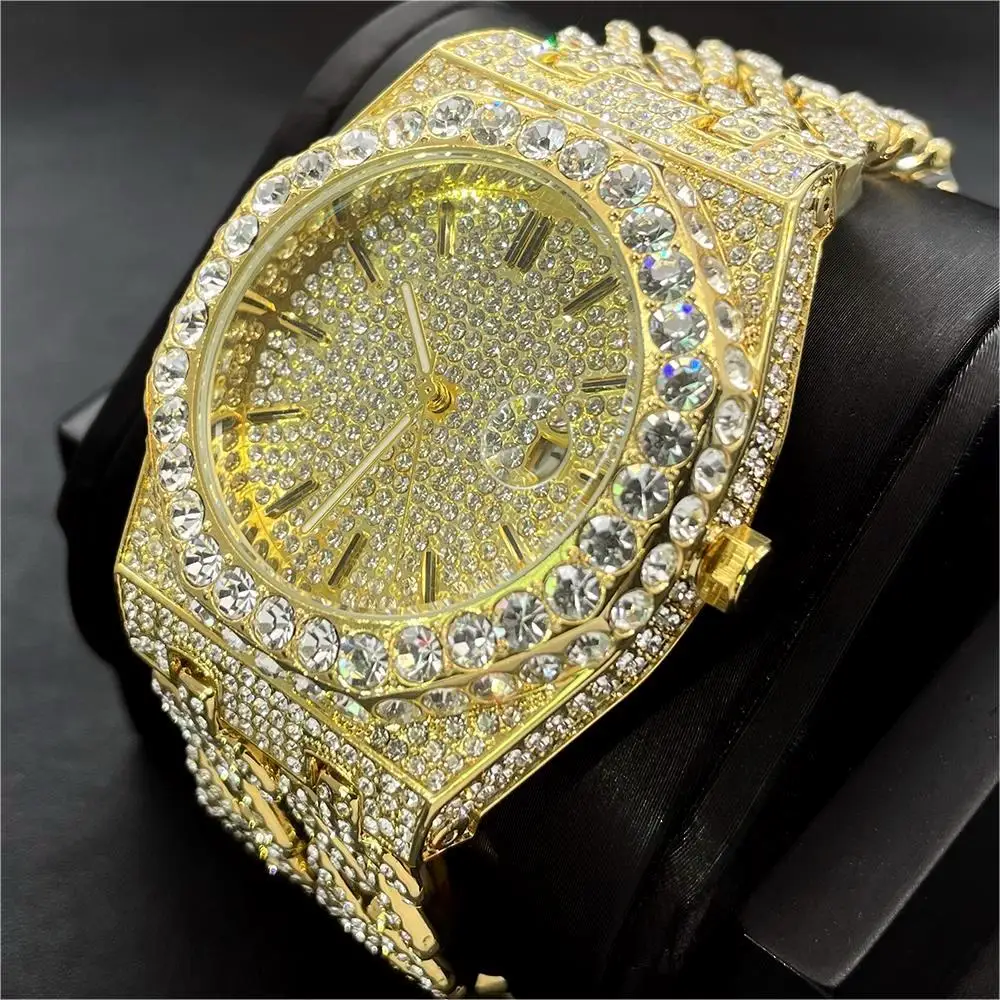 2024 Luxury Gold Watch For Men Brand PLADEN Stainless Steel Iced Out Quartz Wristwatch Hip Hop Big Diamond Cuban Chain Clock Man