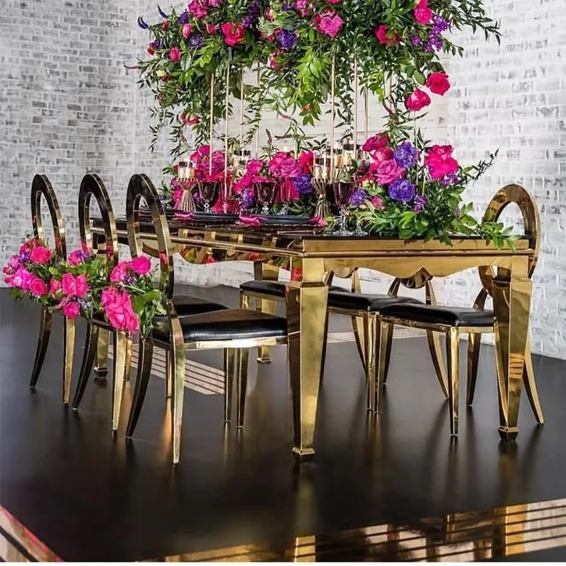 High Quality Wedding Event Table Modern Luxury Rectangle Shape Gold Stainless Steel Glass