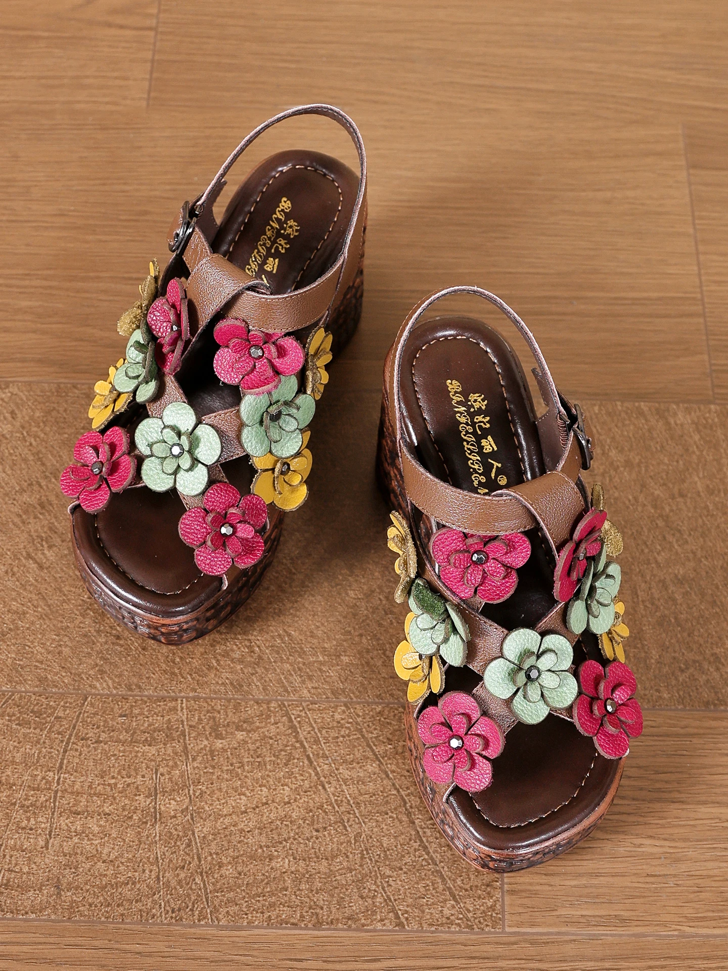 Birkuir Flowers Wedges Sandals For Women Buckle Summer 8cm High Heel Slides Luxury Cross Belt Open Toe Thick Heel Sandals Shoes view 5