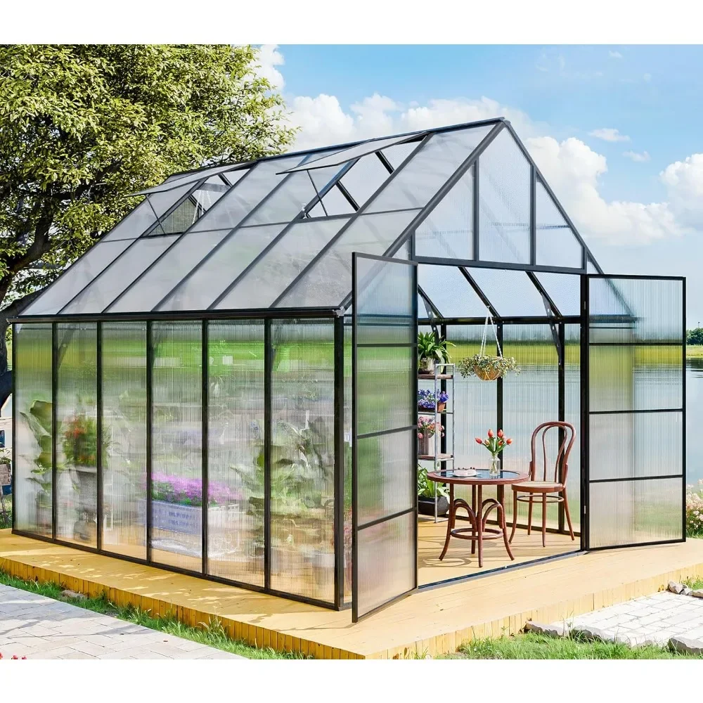 

10x12 FT Greenhouse, Hinged Vent Allows, Sturdy Aluminum Frame, Built-in Gutter System, Walk in Polycarbonate Greenhouse