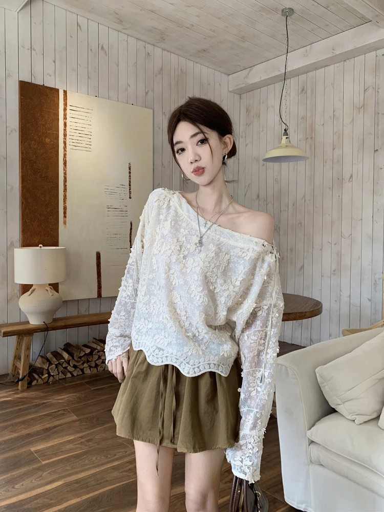 

Shoulder Bared Embroidered Sequin Women's Shirt Korean Style Commute Fashion Long Sleeve Regular Fit Outdoor Casual Top