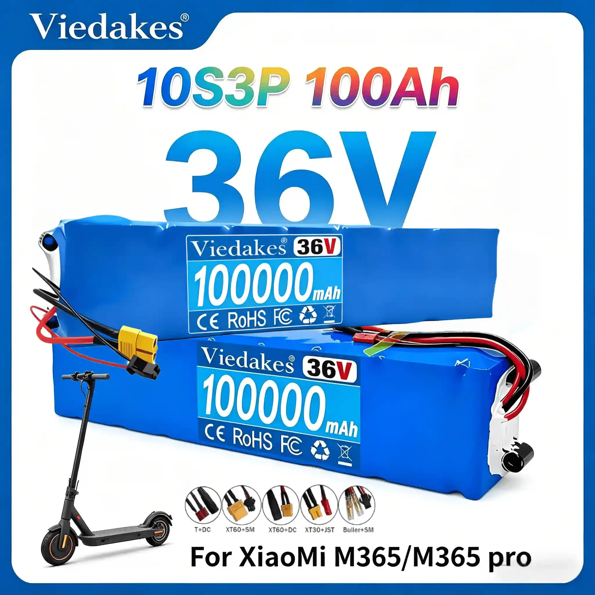 

Аккумулятор Viedakes 36В 100000мАч для электросамоката, 10S3P 18650 Pack с BMS для M365