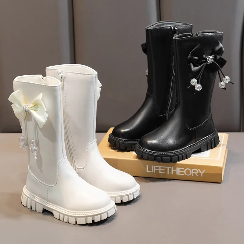 

Girls' Sweet Style Bow Decoration High Boots 2025 Autumn and Winter Fashion Zipper Design Non-slip Children's Knee Boots.