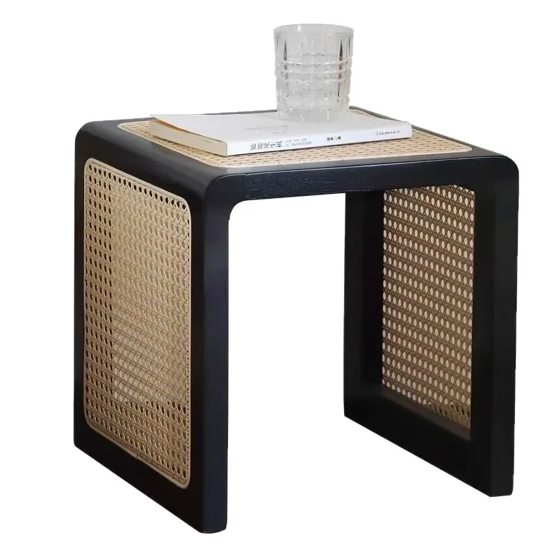 Solid wood rattan small square stool, household sofa tea side table, advanced shoe changing bench