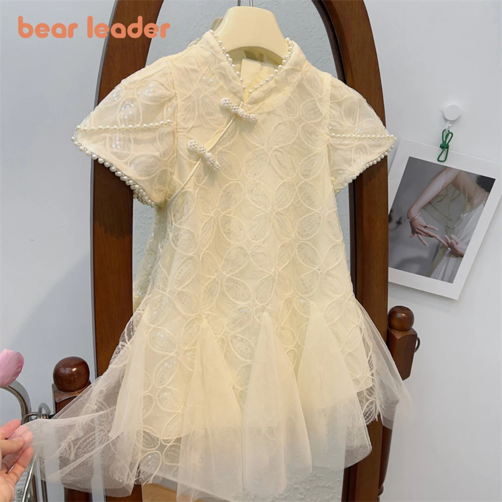 Bear Leader 3-7 Years Fashionable New Girls Clothes Sequined Pearl Decoration Cheongsam Dress Summer Retro Mesh Princess Dresses