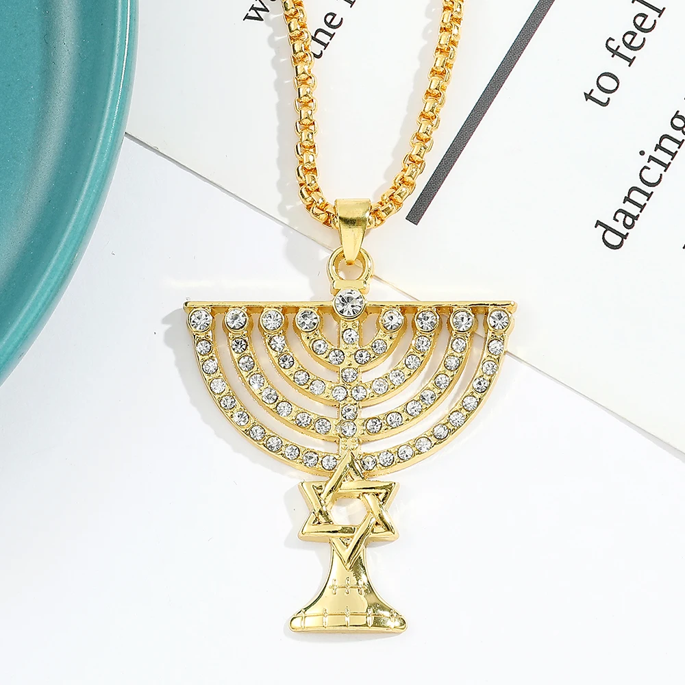 Stylish Retro Yellow Menorah Pendant Necklace Gold Color With Zircon Setting Magen Star of David Jewish Religious Israel Jewelry