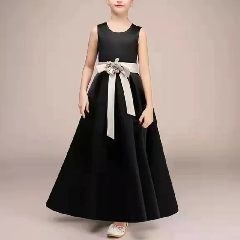 Customized Customized Simple Temperament Belt Design Flower Girls Dresses Performance Dresses 2024 O-neck Sleeveless Kids Birthd