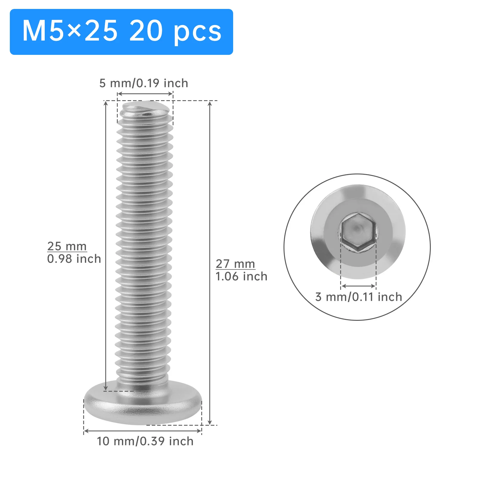 20 pcs 304 Stainless Steel M5-0.8 x 10 /12 / 25 mm Flat Head Socket Cap Screws Countersunk Bolts, Bright Finish Hex Socket Bolts