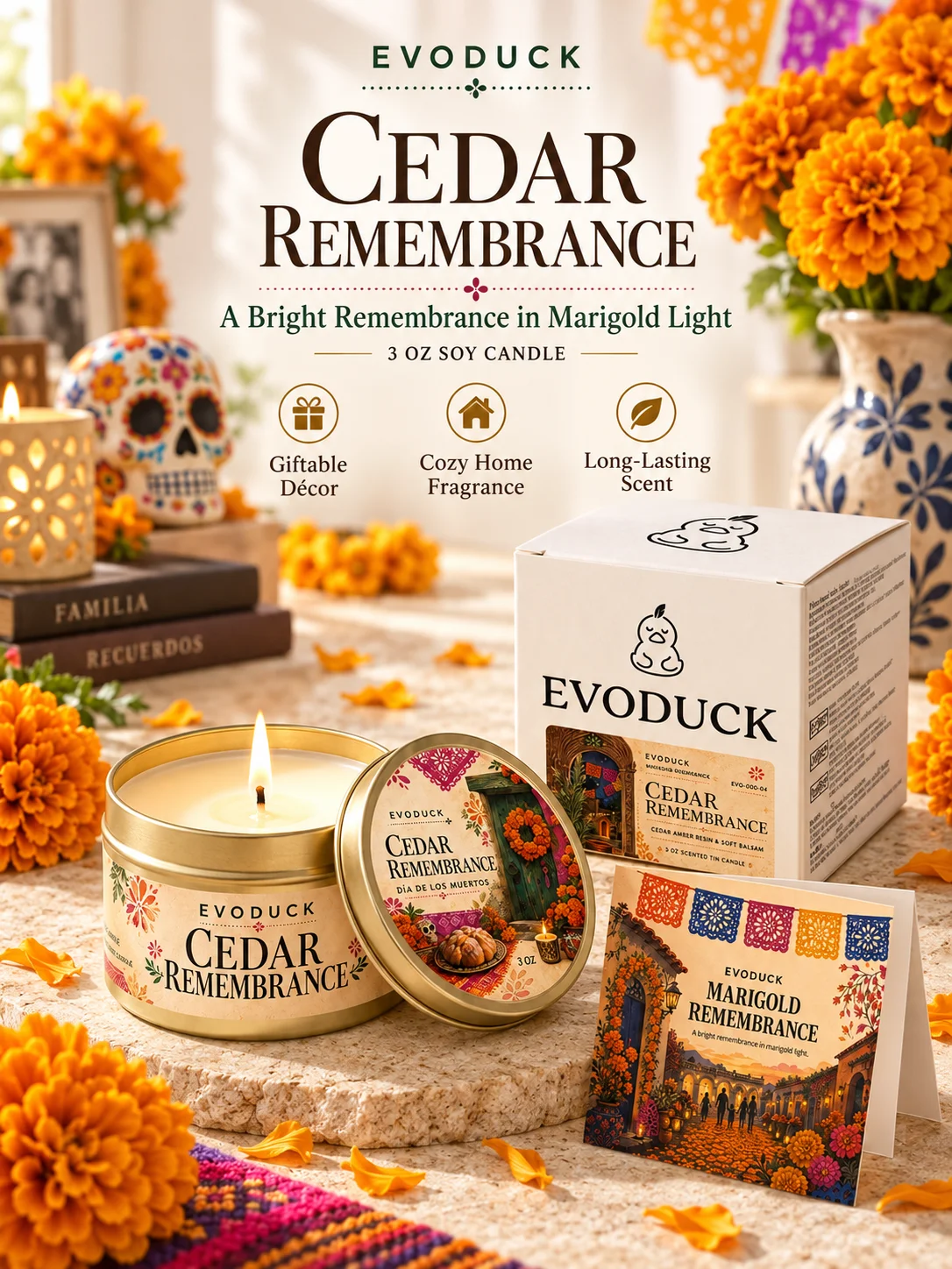 1pc Day of the Dead Candle Cedar Amber Scented Tin Candle 3oz with Gift Box, Memorial Candle Dia De Muertos Ofrenda Remembrance