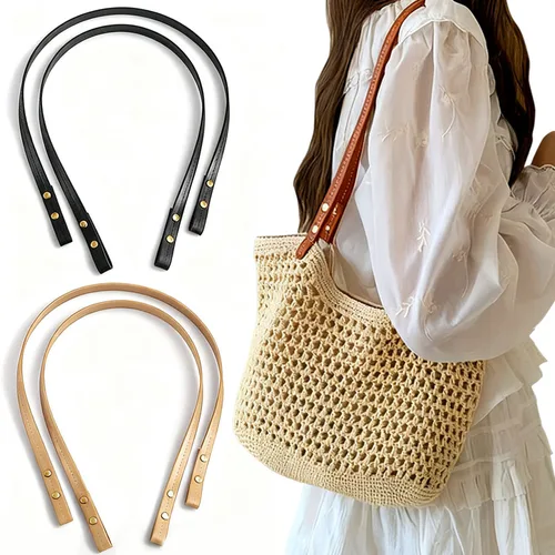 Imagen 2 del producto Juego de 2 correas para bolso hechas a mano, asas de repuesto de cuero PU, banda para bolsos tejidos a la moda, accesorios, correas para bolso de hombro DIY