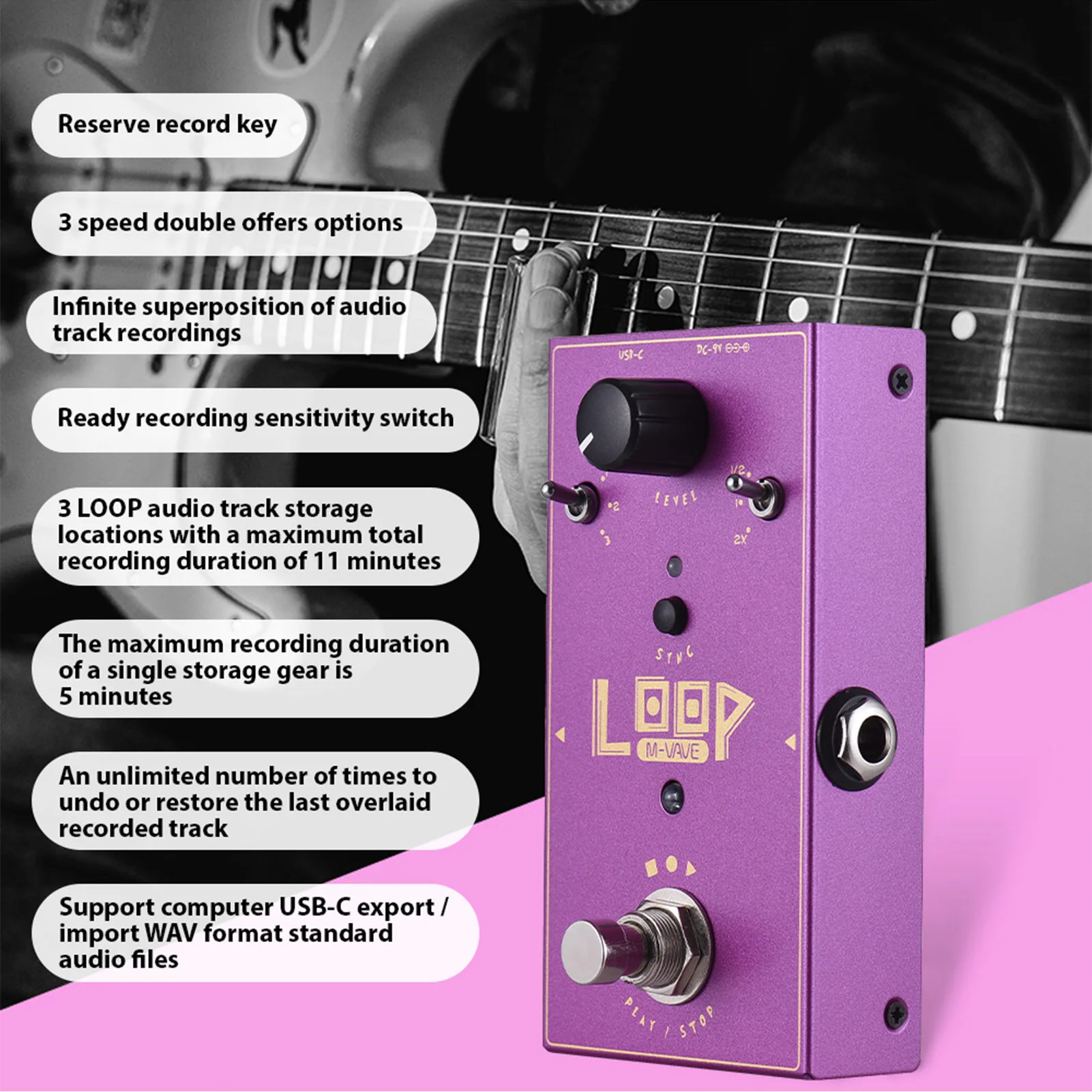 M-VAVE LOOP Ⅱ LOOP Guitar Loop Effector Loop Recording Effects Pedal Recording Storage 3Speed DC9V 6.35mm Input Output Interface