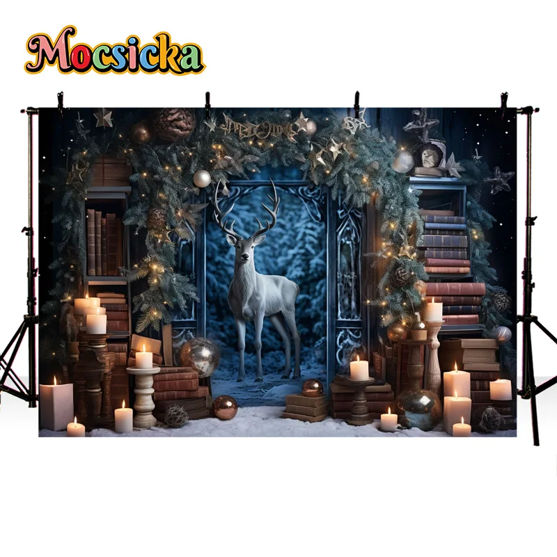 Mocsicka Photography Backdrop Merry Christmas Candlelight Moose Decor Backdrop New Year's Eve Family Portrait Studio Photo Prop