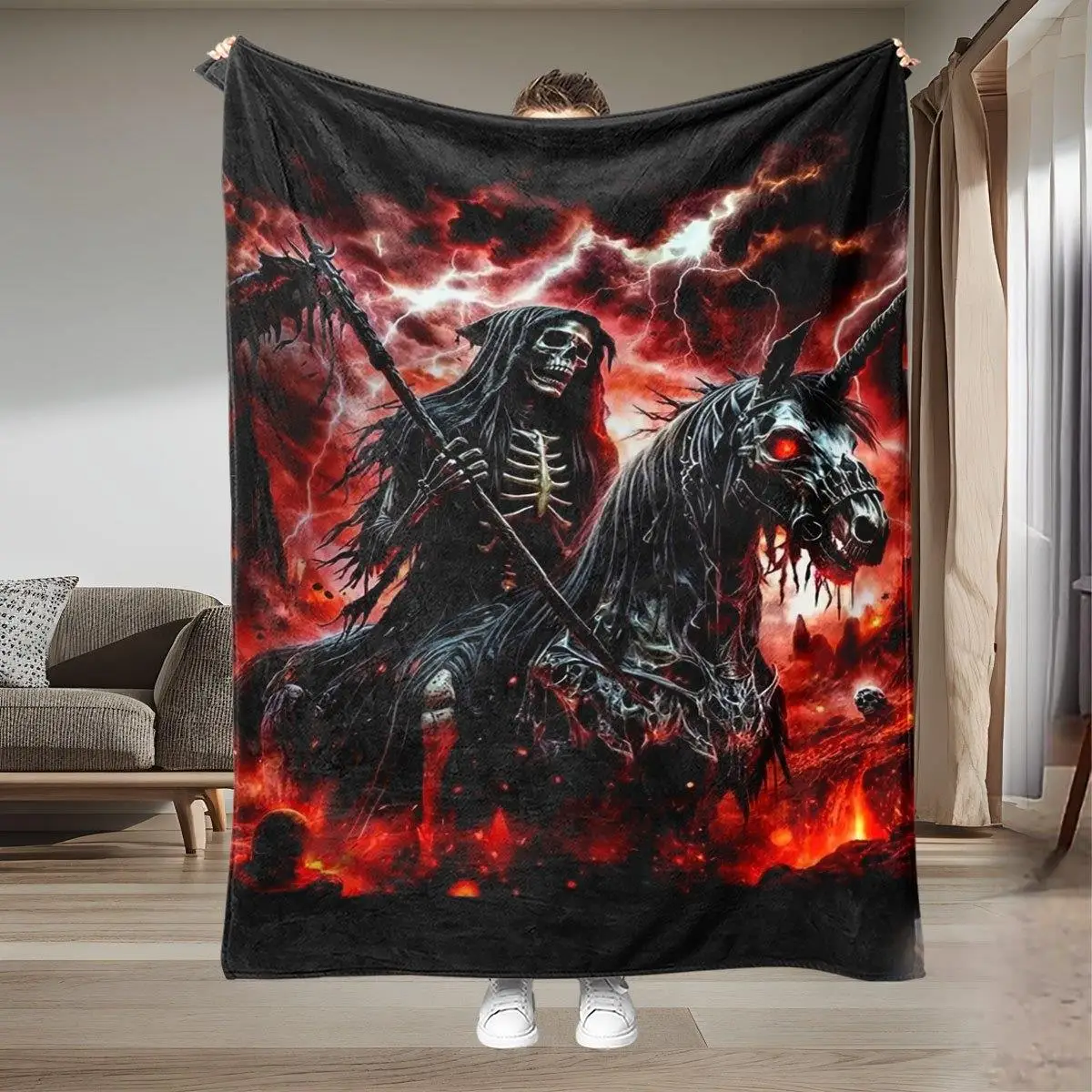 Skeleton Knight Horse Throw, Gothic Flame Print Flannel, Black Red Dark Theme, Machine Washable Home Decor Gift