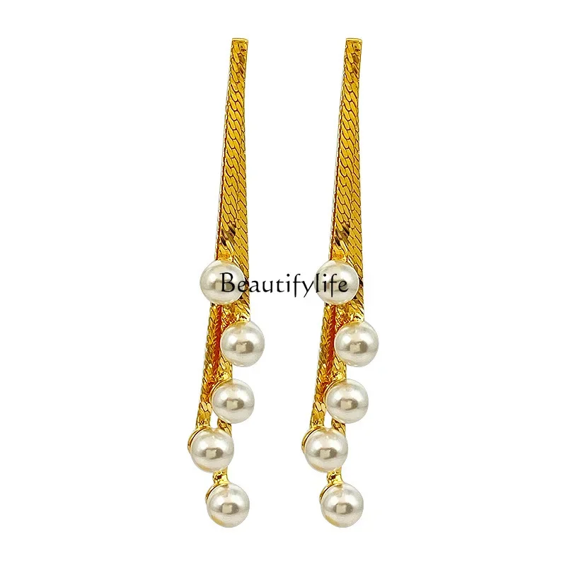 

European and American exaggerated long chain pearl earrings, unique design sense fashion earrings