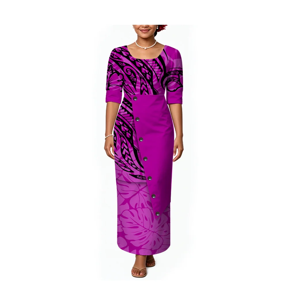 Comfortable And Soft Fabric Custom-Made Polynesian Women'S Irregular Hemmed Decorative Buttoned Skirt Puletasi Suit Dress
