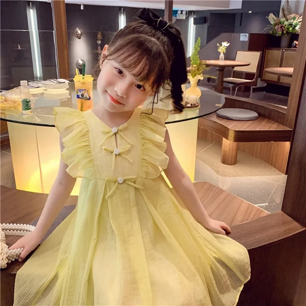 Girls Summer Dress Yellow Ruffles Sleeveless Dresses for Girls Solid Cute Princess Dress Children Girl Clothing Toddler Outfits