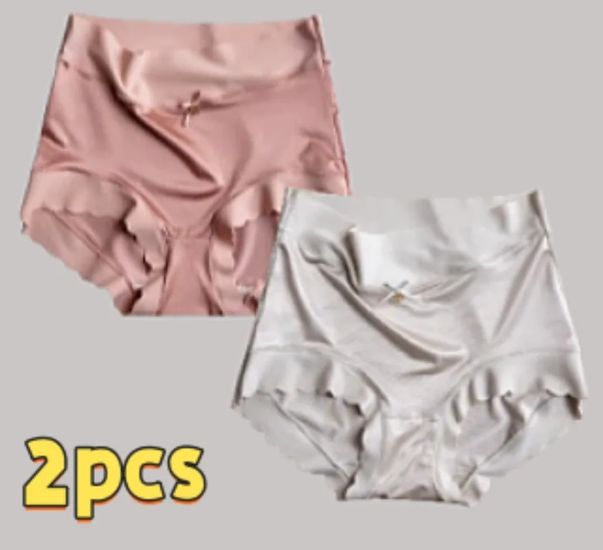 2pcs Sexy Women Panties Ice Silk Satin Briefs Seamless Underwear High Waist Pants Comfort Lingerie Female Underpants