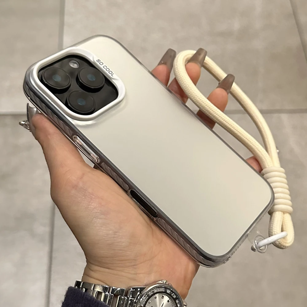 

Luxury Wrist Strap Lanyard Frosted Phone Case For iPhone 15 16 17 Pro Max 14 Plus 13 12 11 Solid Color Back Protective Cover