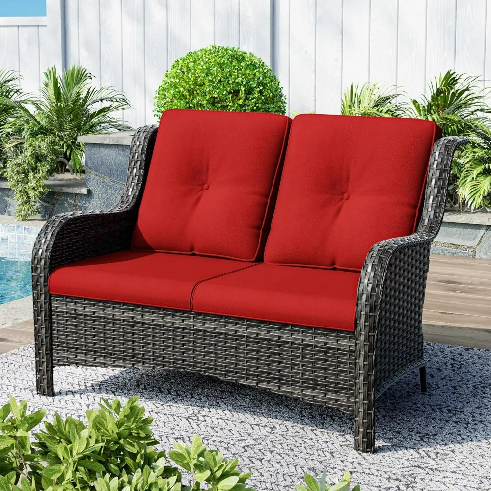 

Двухместный плетеный диван для патио на открытом воздухе — глубокие сиденья и мягкие подушки, для балкона на крыльце, смешанный ротанг ручной работы, Re