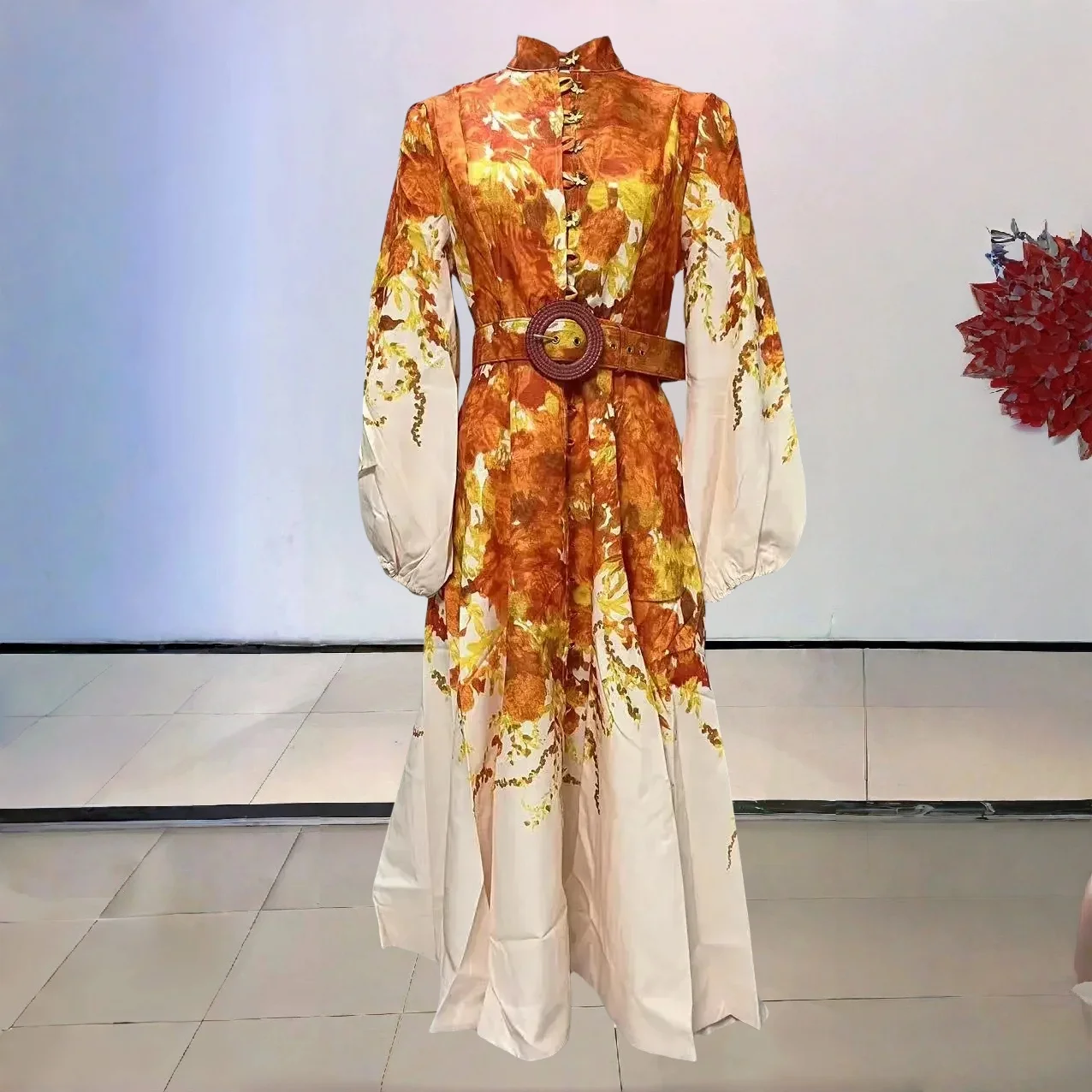 

Women's Floral Print Linen Midi Dress Soft Fabric A Line Cut Retro Style Long Sleeve Summer Garden Party Elegant Look