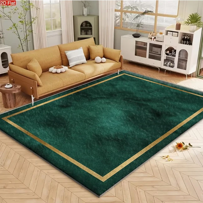 Luxury Emerald Green Rug With Golden Border Minimalist carpet flooring for Living Room Bedroom Home Decor