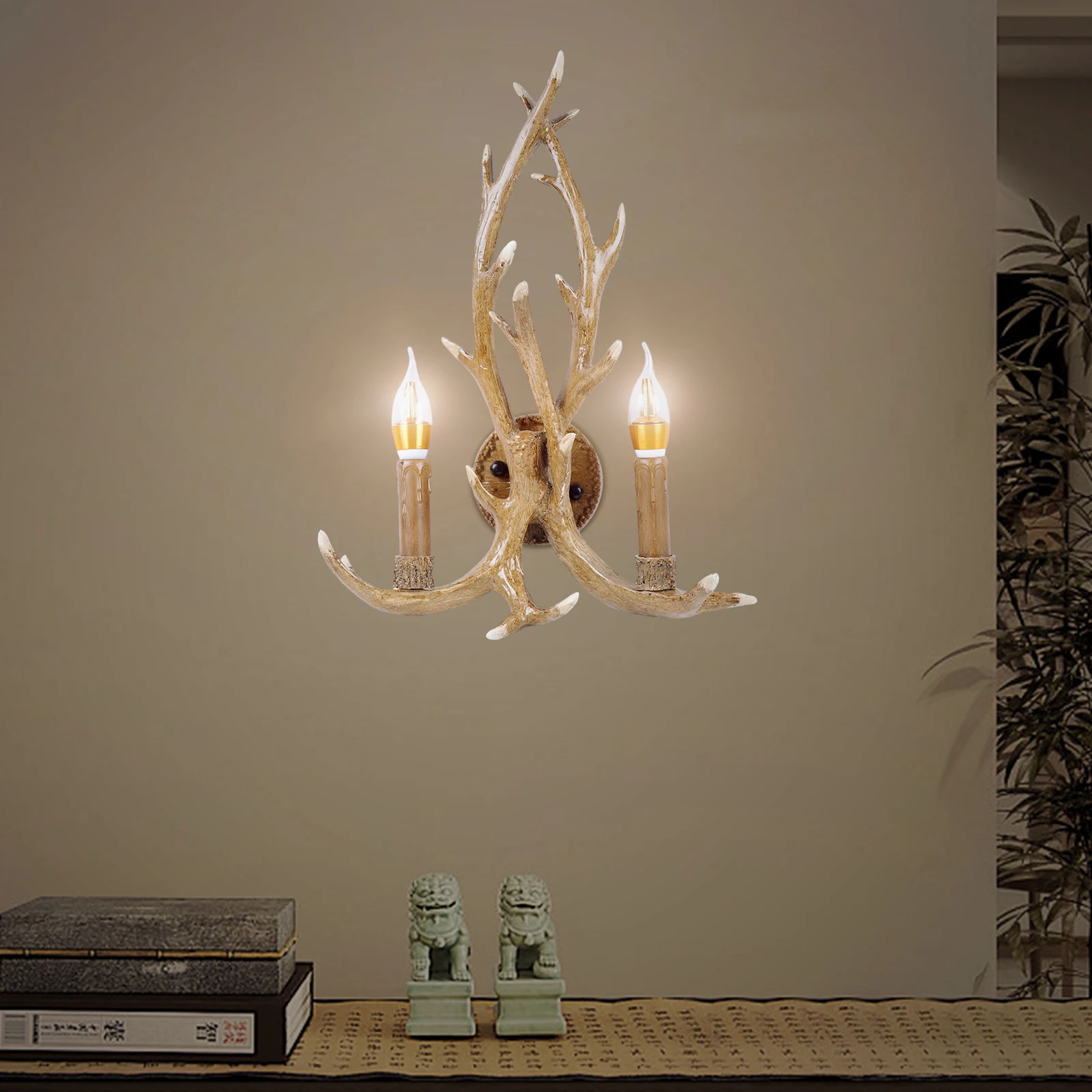 Vintage Antler Wall Lamp LED Home Decor Lighting Fixture 2-Lights Candle Hallway Wall Light for Living Room Wall Sconce