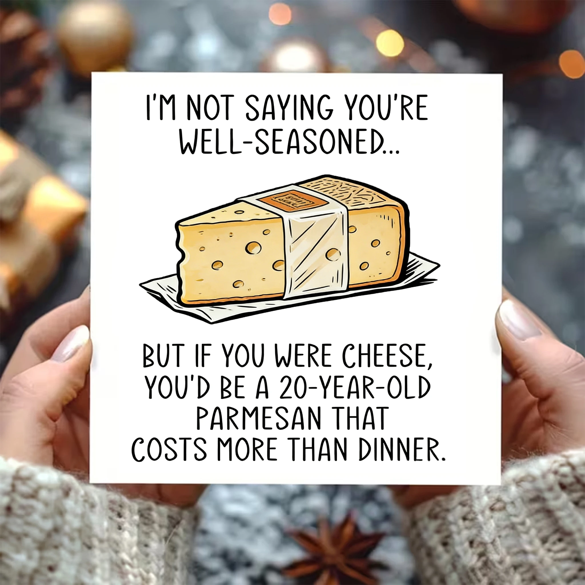 2-teiliges 300 g/m2 quadratisches weißes Geburtstagskarten- und Umschlag-Set – humorvolle Grußkarte mit Käsemotiv für Erwachsene mit dem Spruch „Well-Seasoned Parmesan“