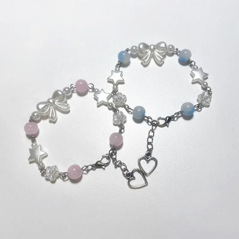 Handmade Coquette bracelet/Friendship jewelry/Beaded bow imitation pearl jewelry/Minimalist jewellery/Star charm beads/Gift idea