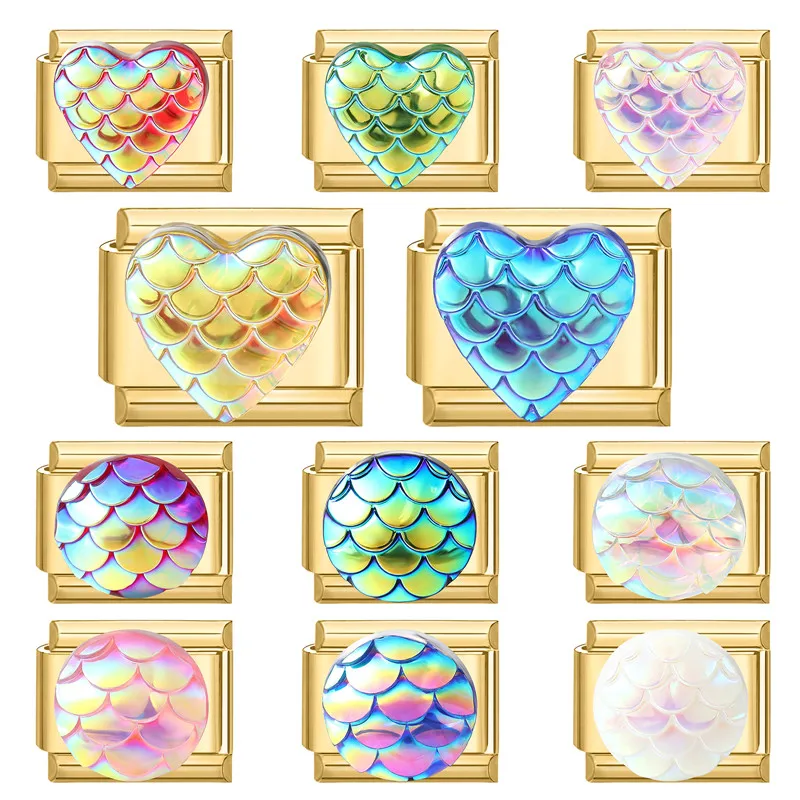 Y2K 3D Shiny Heart Round Fish Scale Element Golden Italian Charm Links Fit 9mm Stainless Steel Bracelet Jewelry DIY Making Gift