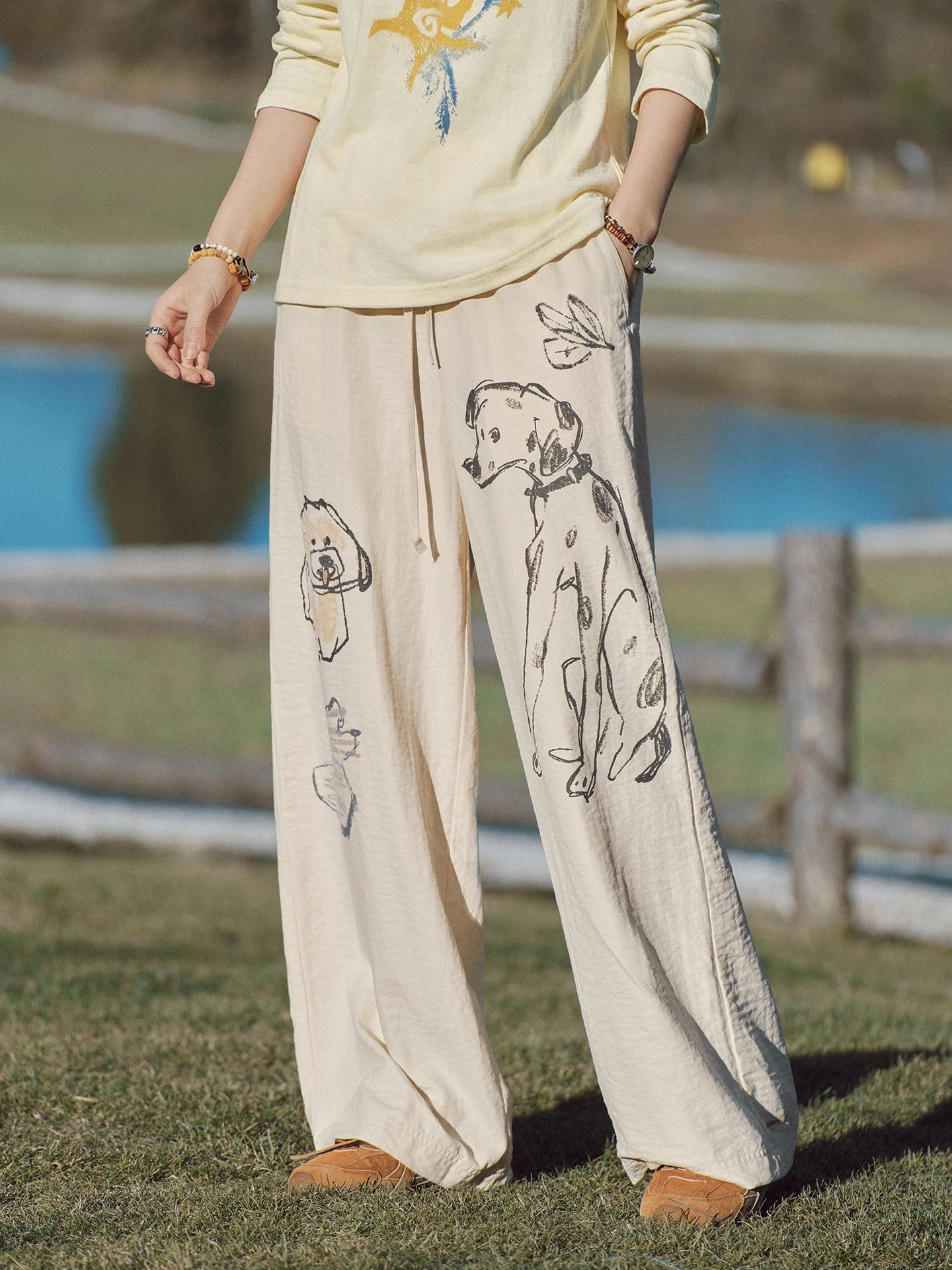 

Octopusme Casual Loose Wide Leg Pants Women's Comfortable Loose Fit Printed Dog Pattern l Waist Straight Tube Trousers
