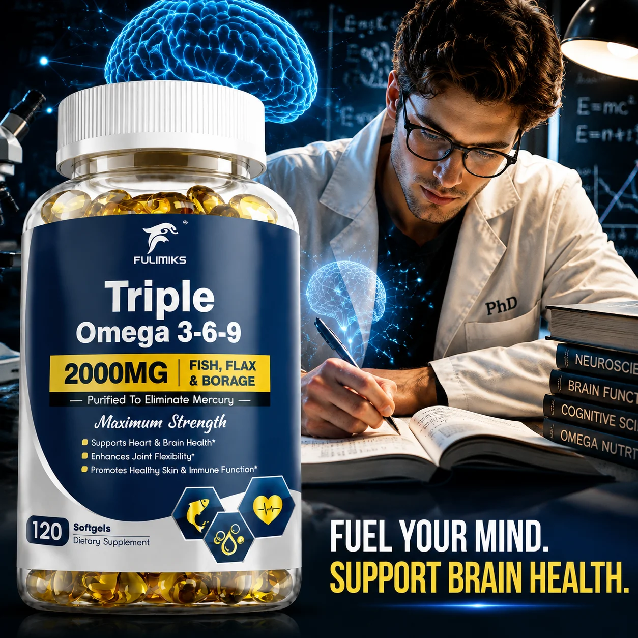 Triple Strength Omega‑3 Fish Oil 3600mg Supplement, Rich in EPA & DHA, Support Cognitive Function Heart Brain Joint & Eye Health