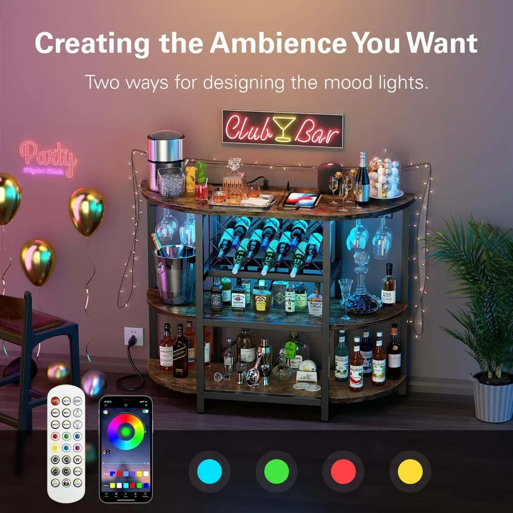 Bar Table Cabinet with Power Outlet , LED Home Mini Bar Cabinet for Liquor,  Metal Wine Bar Stand with 4-Tier Storage