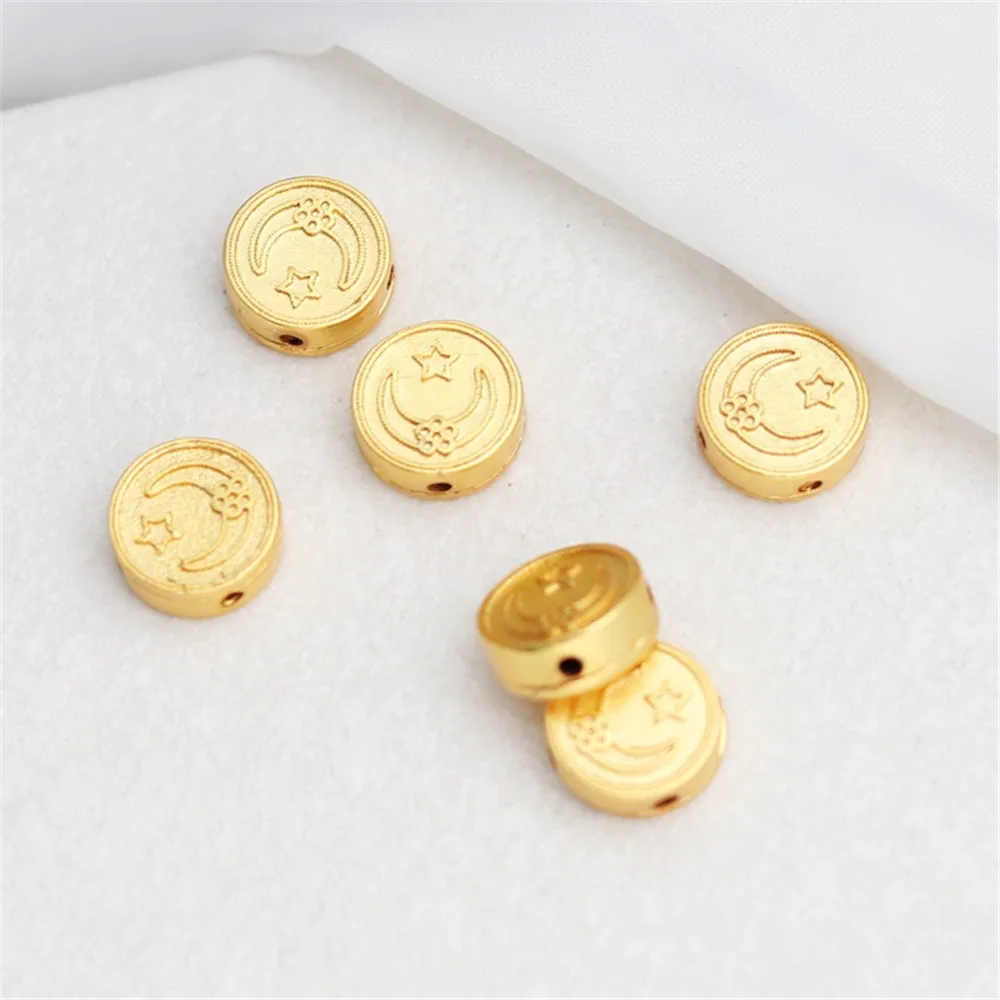 Flat Bead for DIY Bracelet, 18K Gold, Matte Gold, Through-hole, Double-sided, Sun, Moon, Star, 10mm, Separated, Gasket Accessory