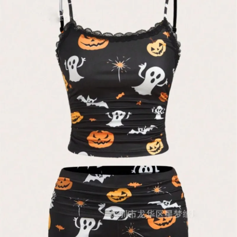 

Lace Patchwork Sexy V-neck Pajama Women's Set Summer New Halloween Print Home Outfit Shorts Two-piece Set Conjuntos Femininos