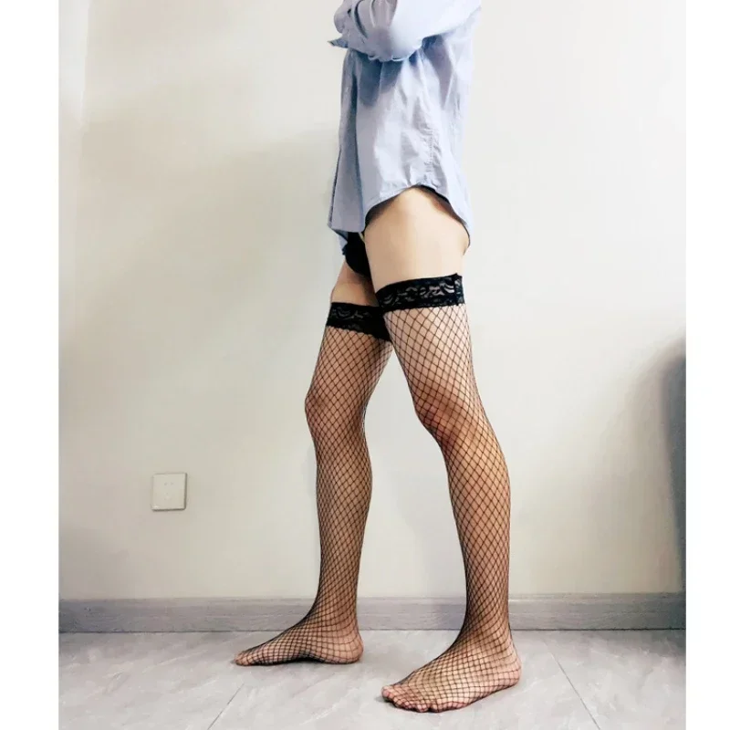 Medias de encaje negras sexys para hombre, medias de rejilla elásticas largas, transparentes, exóticas, para hombre, estilo gay, porno, lencería sexy