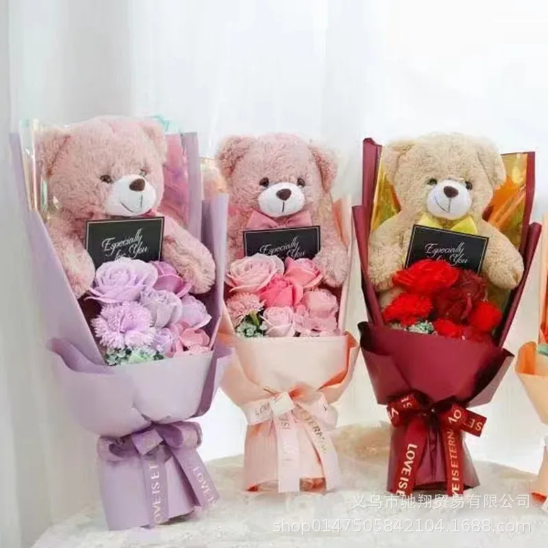 

Teddy Bear Bouquet Plush Soap Artificial Roses Flowers With Card Gift For Girlfriend Valentine's Day Anniversary