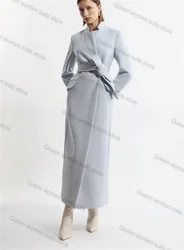 Light Blue Cashmere Formal Women Suit 1 Piece Long Blazer With Belt Office Woolen Office Lady Jacket Overcoat Customized