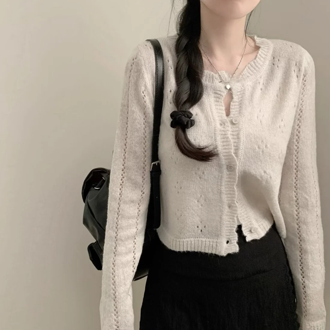 

Korean Style Chic Spring Thin Hollow Design Knitted Cardigan Casual Versatile Commute Top Women Long Sleeve Short Length