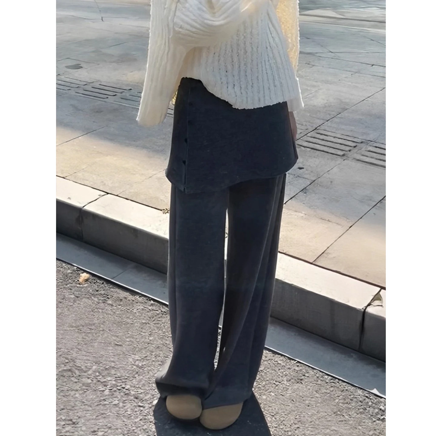 กางเกงขายาวทรงบานเล็กน้อย ผ้ามีซับใน สำหรับผู้หญิงไซส์ใหญ่ เอวสูง ทรงขากว้าง สไตล์ลำลอง แฟชั่นฤดูใบไม้ร่วงและฤดูหนาว