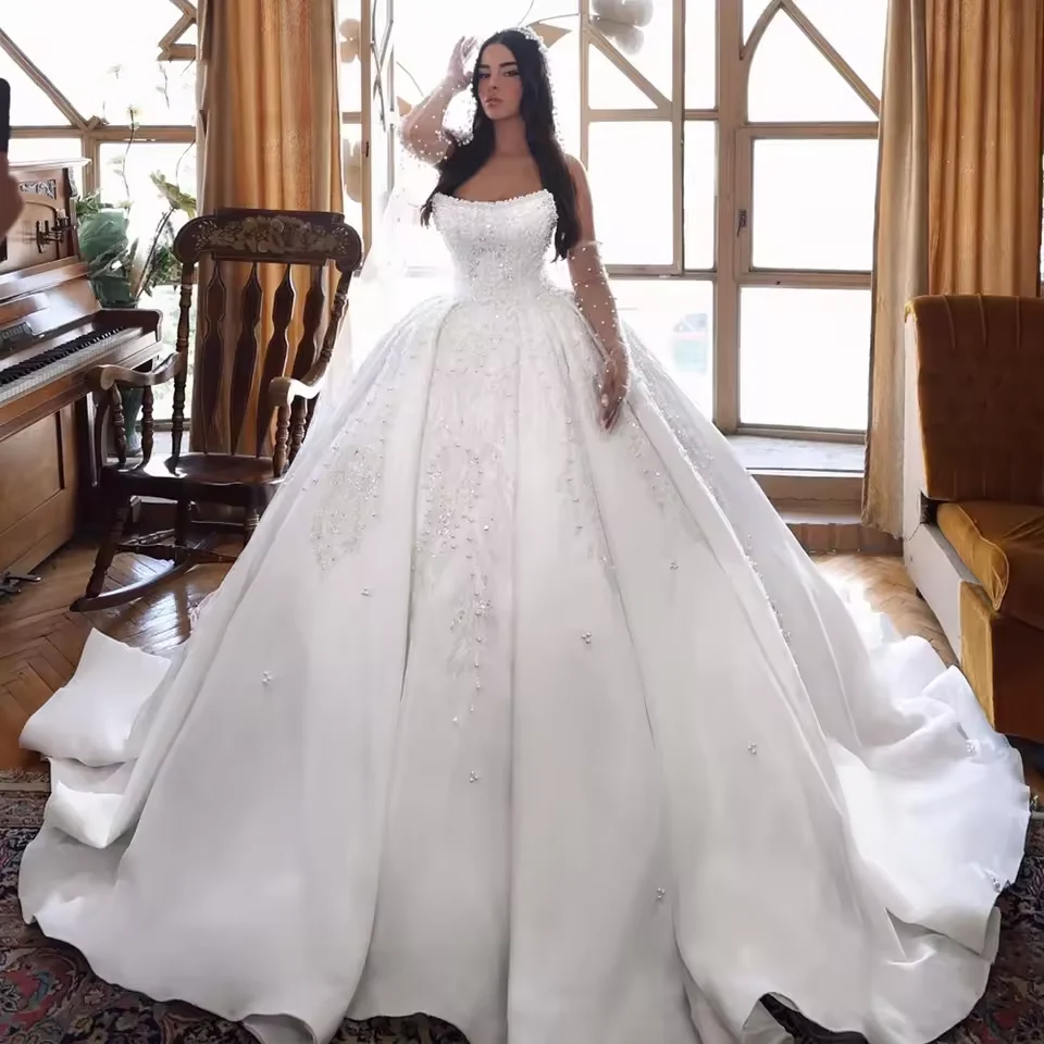 Customized Luxurious Beading Pearls Ball Gown Wedding Dress Lace Off Shoulder Strapless Princess Bridal Gowns Vestidos De Novia