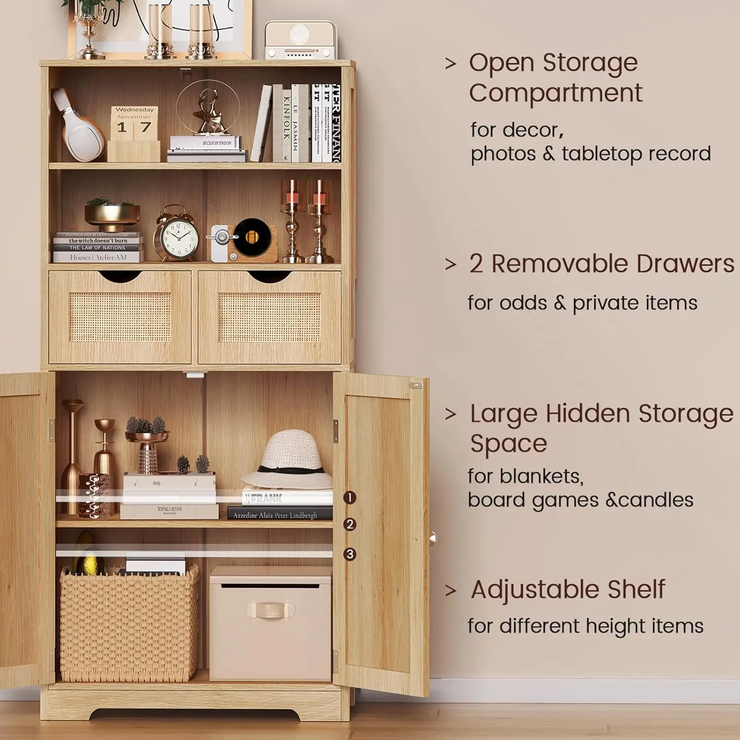 خزانة تخزين طويلة، خزانة الروطان مع درجين ورف قابل للتعديل، كابينة تخزين مخزن المطبخ، خزانة المدخل لـ Li #4