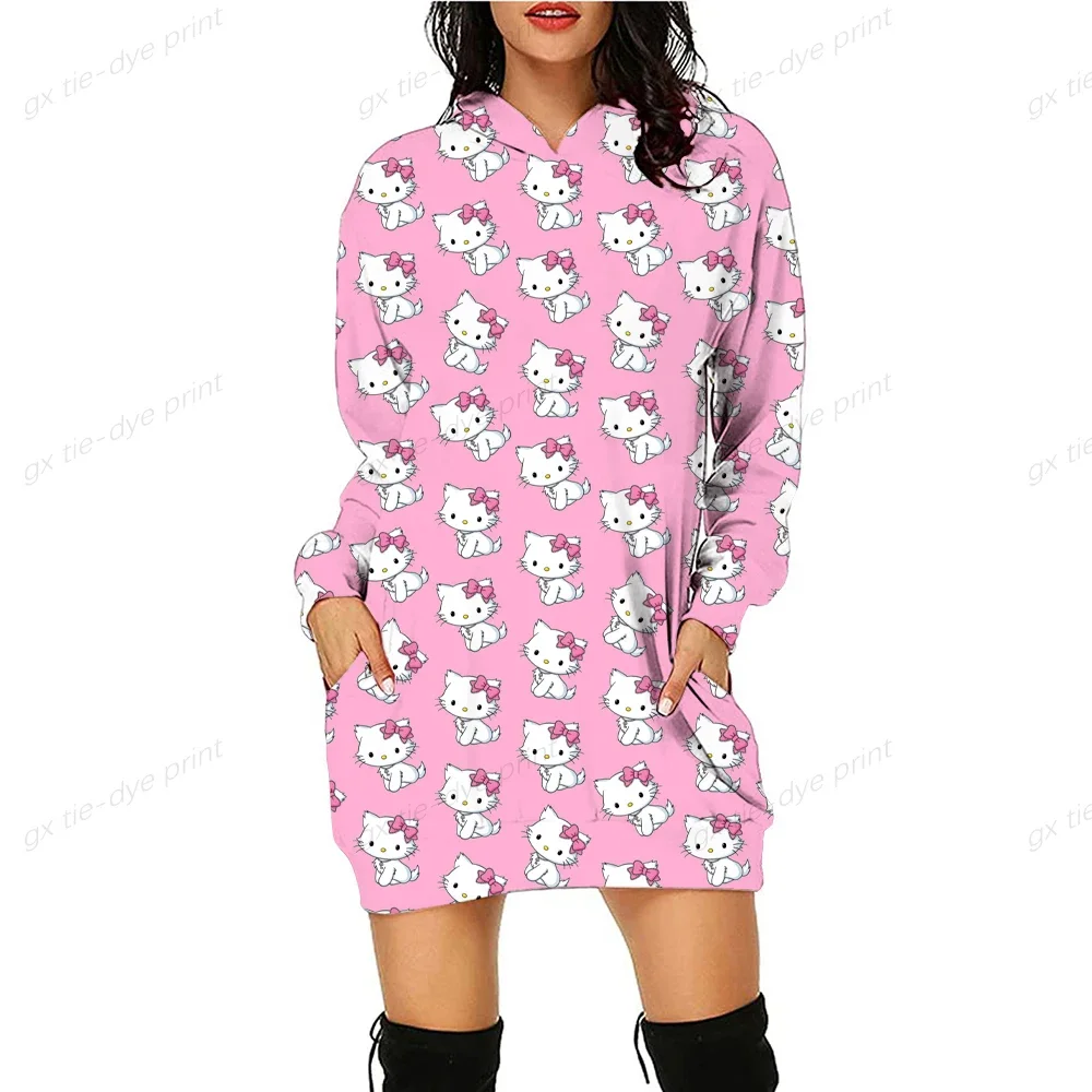 HELLO KITTY Autumn Women Hoodie Dress Fashion Slim Fit Sweatshirt Dresses for Women Pocket Hooded Casual Dress Mini Dress