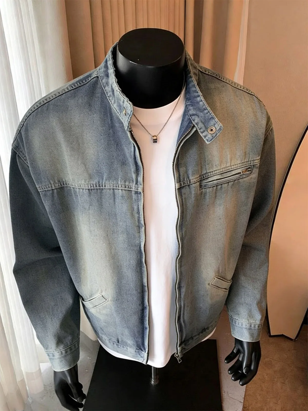 Retro Style Men's Denim Jacket Short Washed Vintage Workwear Detroit Style American Casual Spring Outerwear Zipper Closure