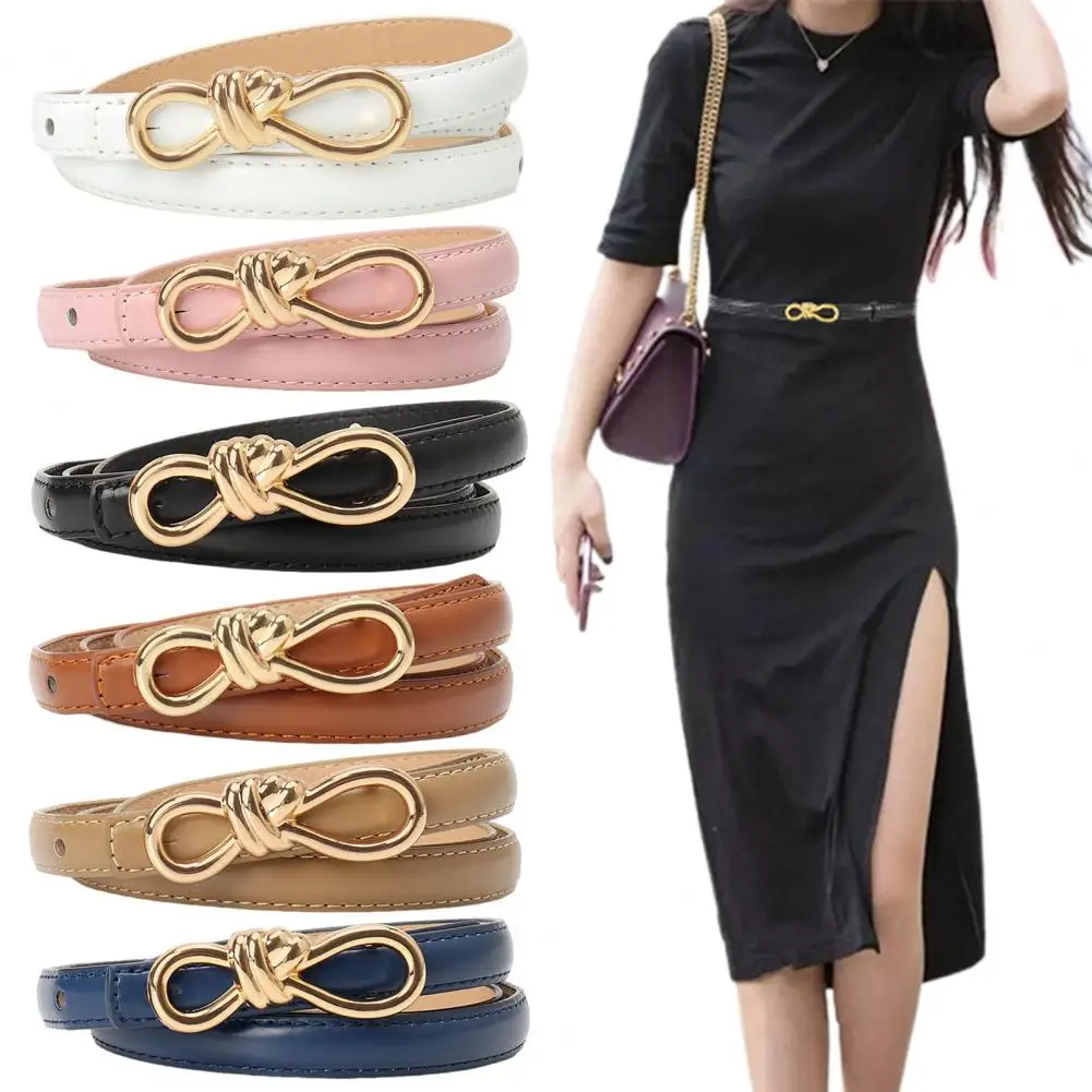 

Imitation Leather Dress Belt Snap-On Bow-Shaped Buttons Multi Holes Adjustable Length Thin Waistband