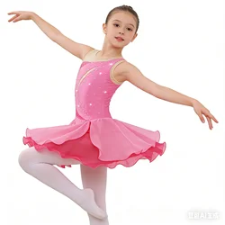Kids Girls Ruffle Figure Ice Skating Dance Dress Gymnastics Ballet Lyrical Leotards Dress Round Collar Shiny Rhinestone Dresses