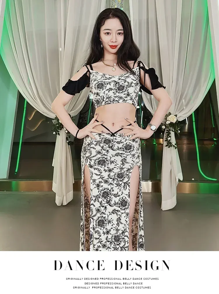 Nuova tuta da danza del ventre a maniche lunghe con stampa retrò, tuta da allenamento, stile palazzo, danza orientale, tuta da performance in 2 pezzi