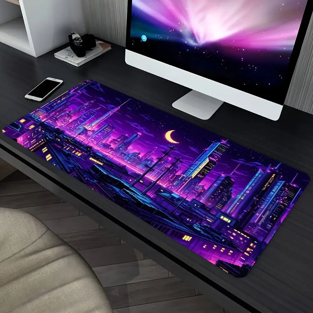 Cyberpunk City Neon Night Large Mouse Pad Non Slip Rubber Base View Print Gaming Desk Mat Mousepad For Gamer Desk Workspace