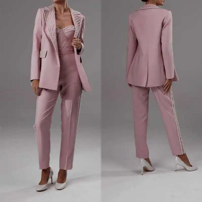 Gorgeous Women Suits 2 Pieces Blazer Sets Notched Lapel Single Breasted Pearls Wedding Banquet Party Customized