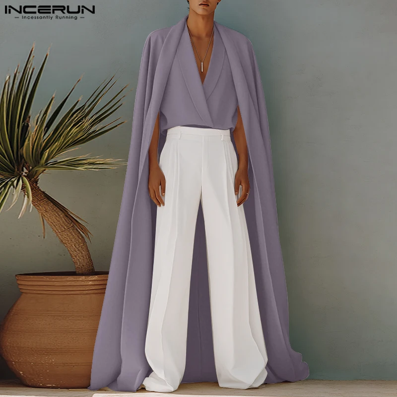 INCERUN Men Long Style Shirt Solid Color Fake Two Pieces Cape Ponchos Shirts Streetwear Loose 2025 Fashion Casual Cloak Tops Men
