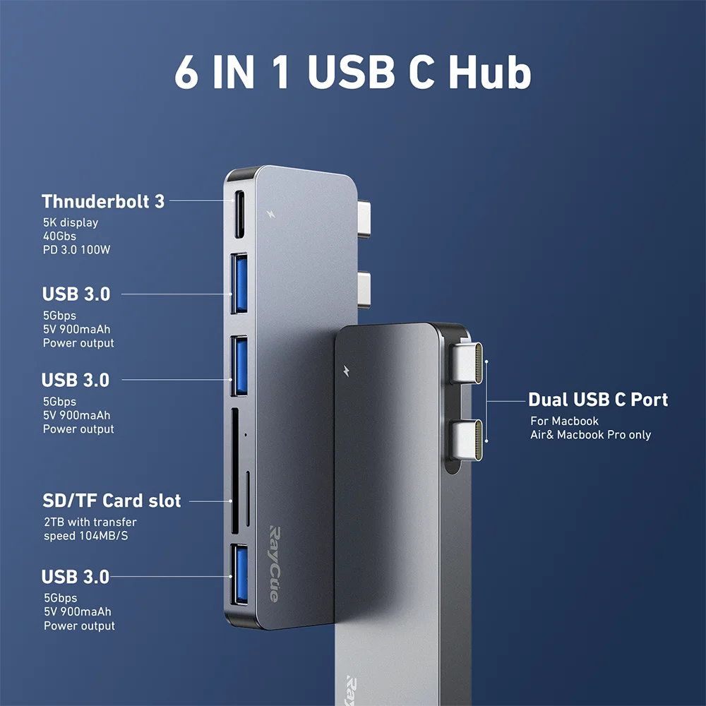 RayCue 썬더볼트 독 맥북 프로 에어용 USB 허브 6 in 2 USB분배기 3.0 멀티포트 5K Thunderbolt 3 포트 TF SD 카드 리더가 포함된 M1 M2 노트북용 C타입 USB Hub 맥북 허브